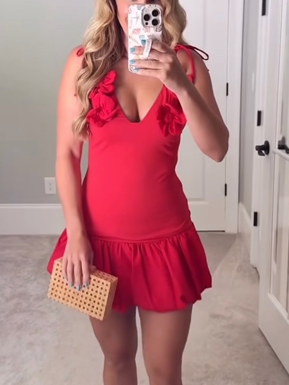 Red 3D floral appliqué mini dress